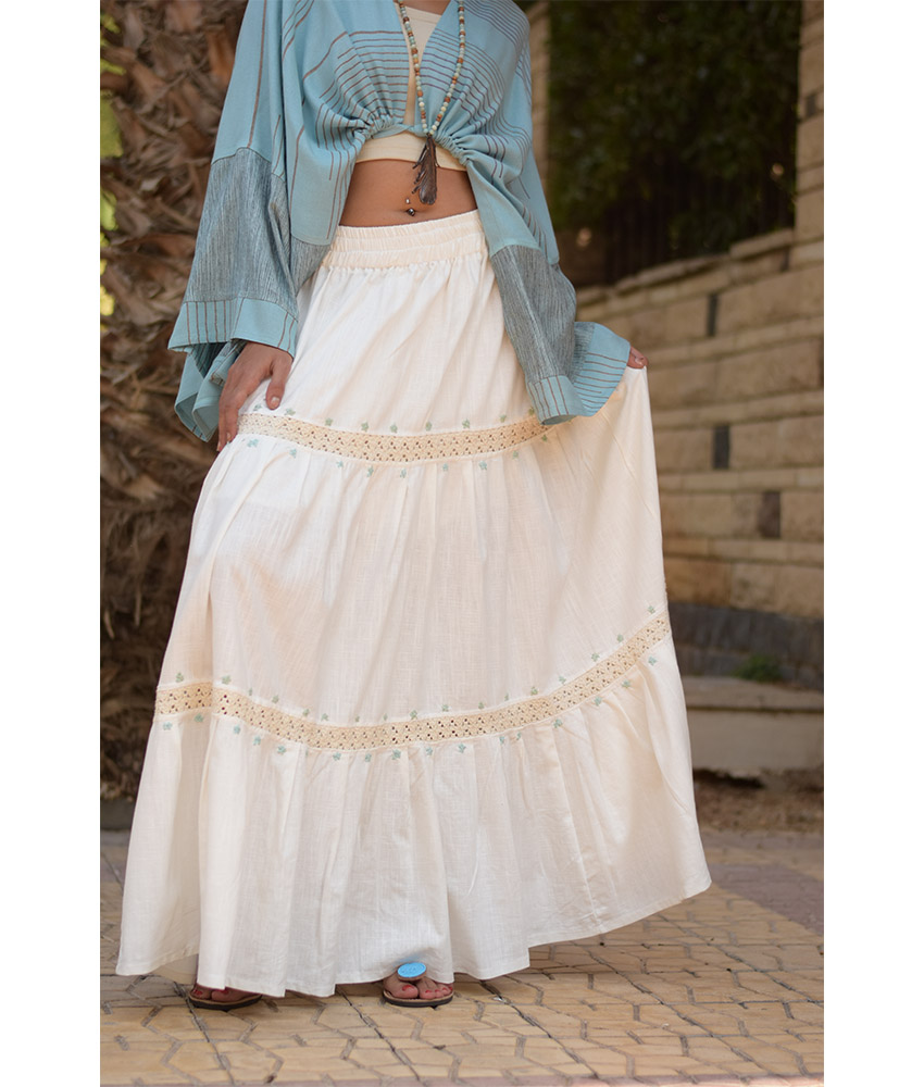 White Linen Skirt with Hand Embroideries handmade in Egypt & available at Jozee Boutique.