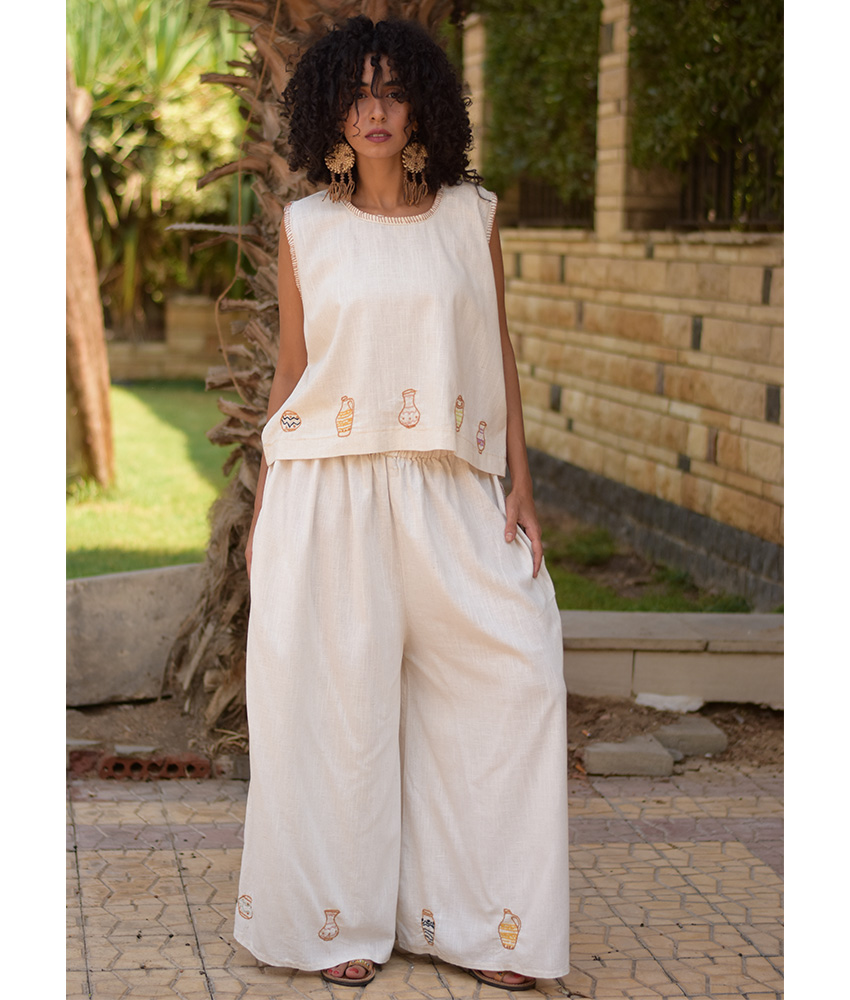 Off White Cotton Set with Hand Embroideries handmade in Egypt & available at Jozee Boutique.