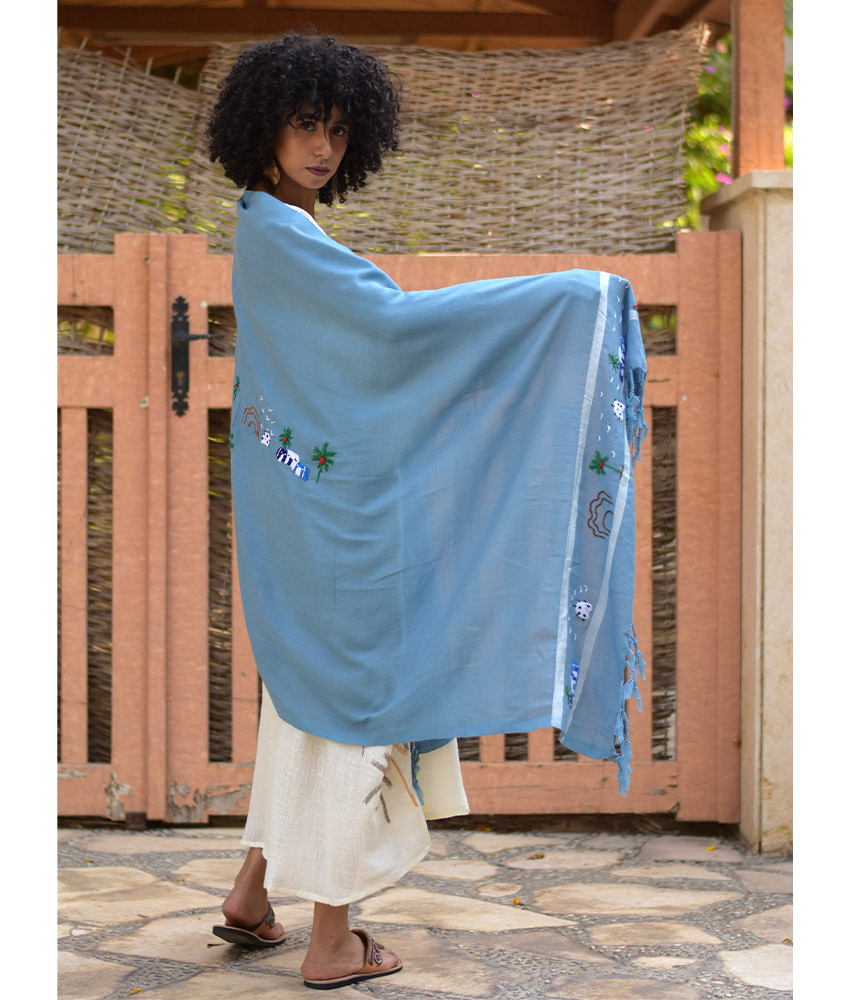 Baby Blue Handwoven Viscose Shawl with Hand Embroideries handmade in Egypt & available at Jozee Boutique.handmade in Egypt & available at Jozee Boutique.