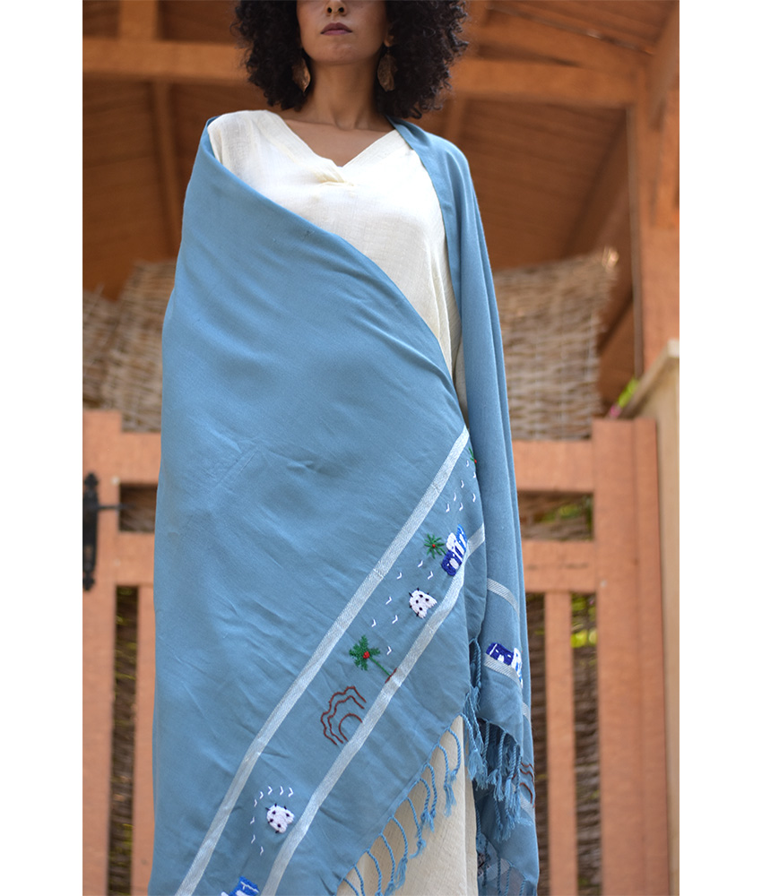 Baby Blue Handwoven Viscose Shawl with Hand Embroideries handmade in Egypt & available at Jozee Boutique.handmade in Egypt & available at Jozee Boutique.