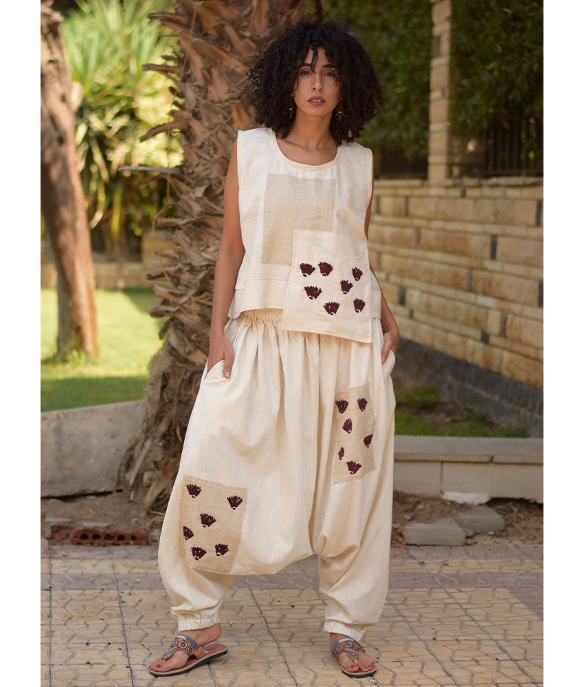 Off White Linen Set with Hand Embroideries handmade in Egypt & available at Jozee Boutique.
