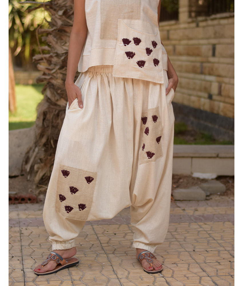 Off White Linen Set with Hand Embroideries handmade in Egypt & available at Jozee Boutique.