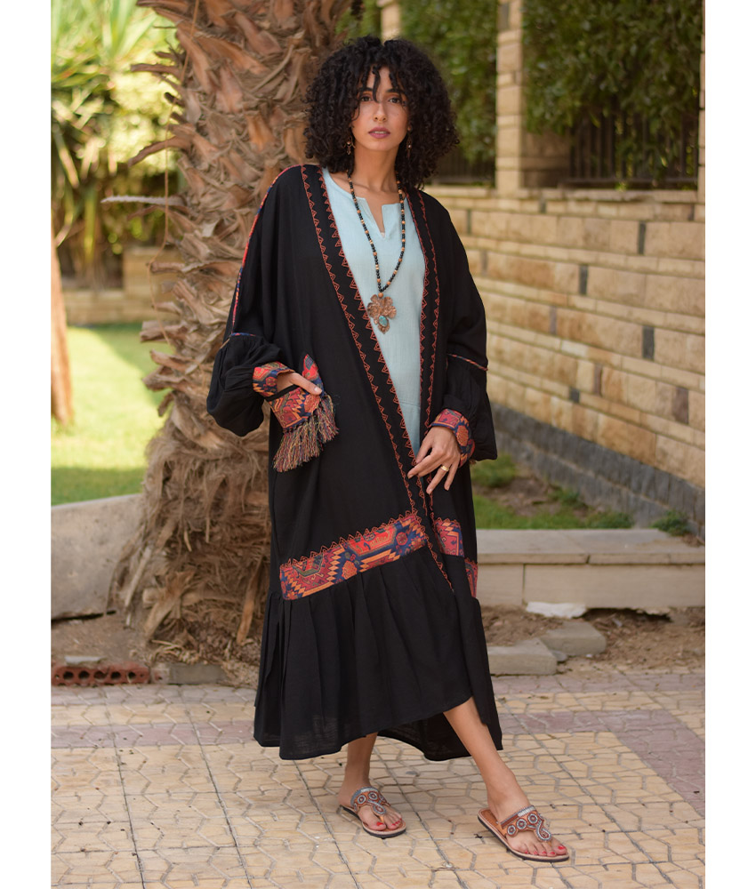 Black Linen Cardigan with Hand Embroideries handmade in Egypt & available in Jozee boutique