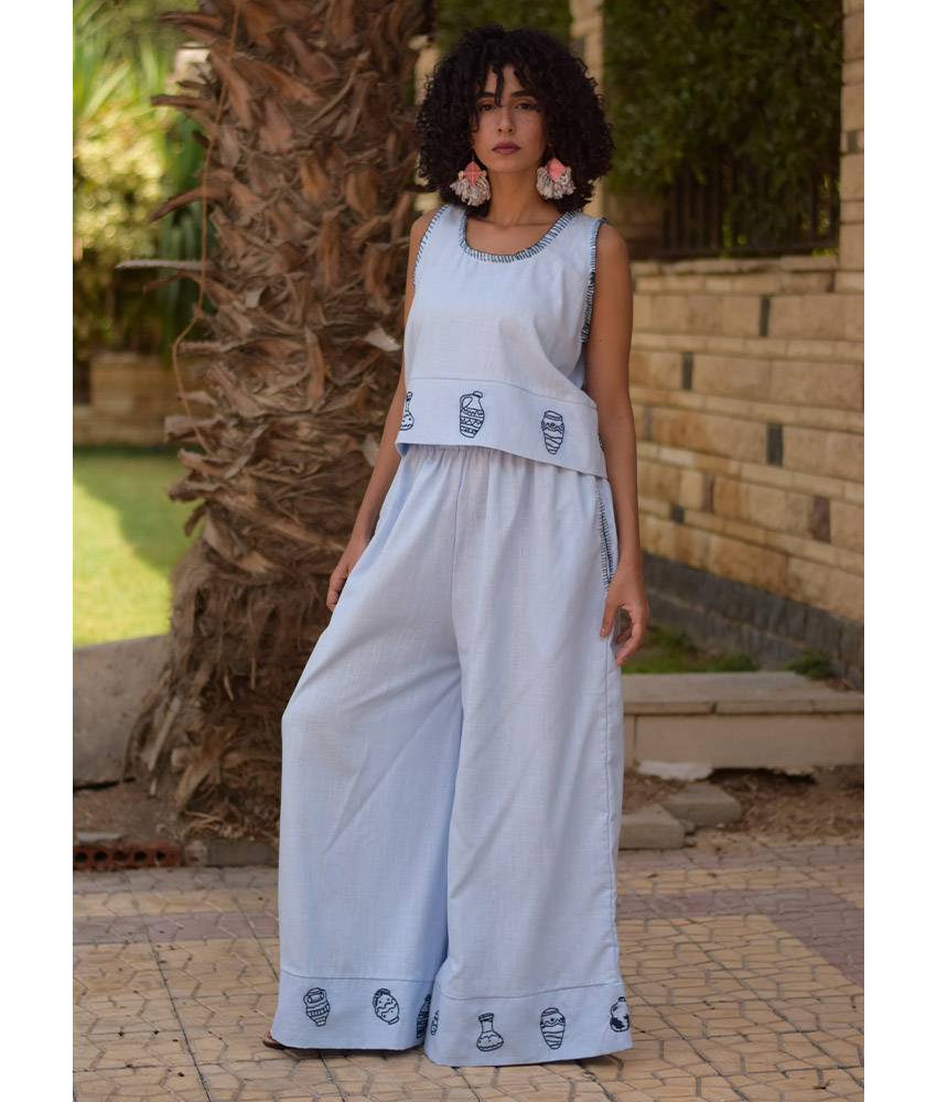 Baby blue Cotton Set with Hand Embroideries handmade in Egypt & available at Jozee Boutique.