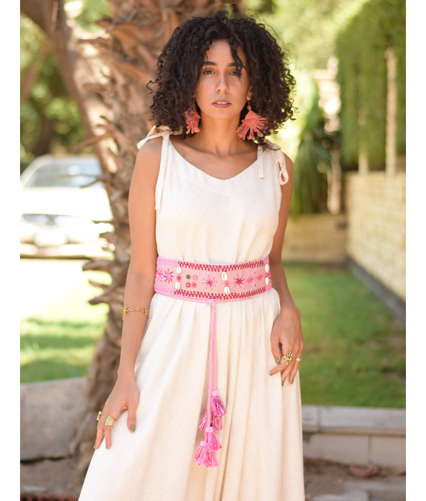 Pink Saint Catherine Embroidered Thin Belt handmade in Egypt & available at Jozee Boutique.