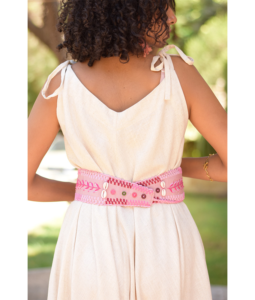 Pink Saint Catherine Embroidered Thin Belt handmade in Egypt & available at Jozee Boutique.