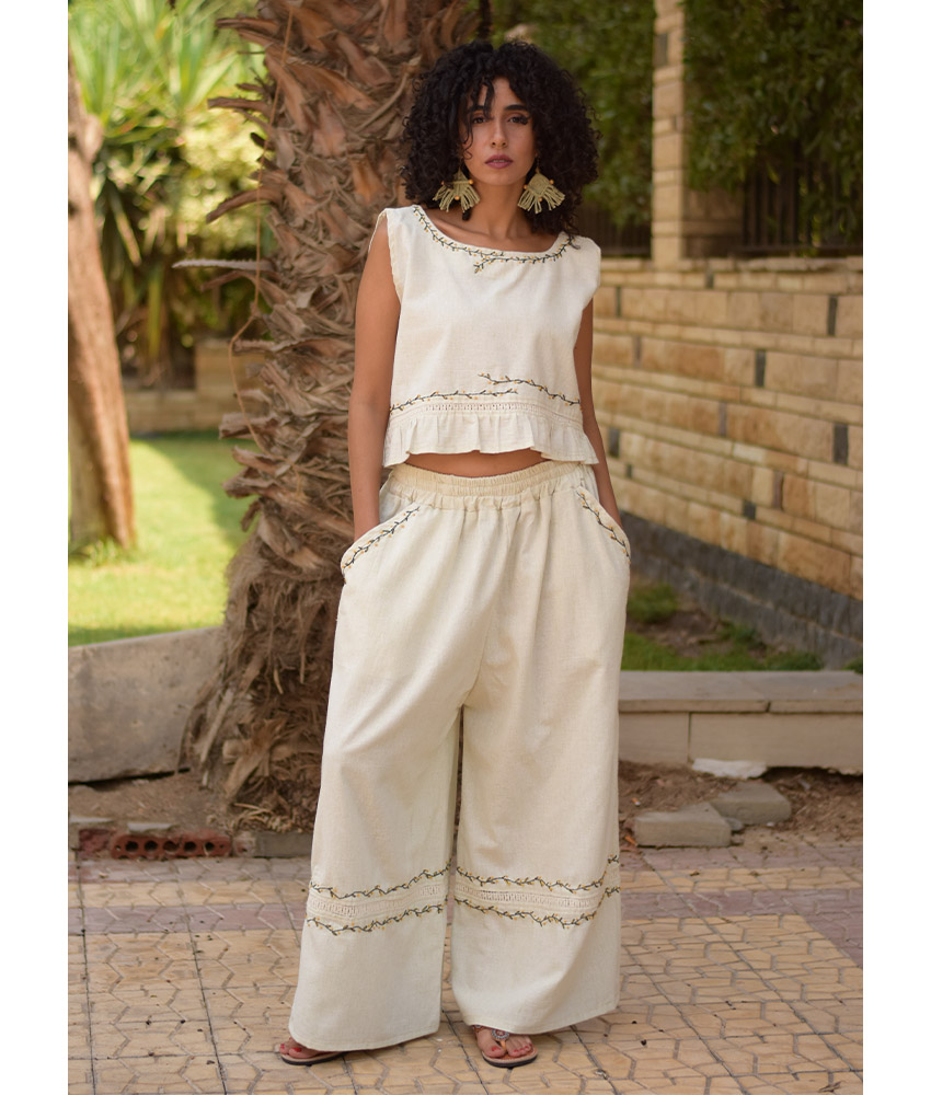 Off White Linen Set with Hand Embroideries handmade in Egypt & available at Jozee Boutique.