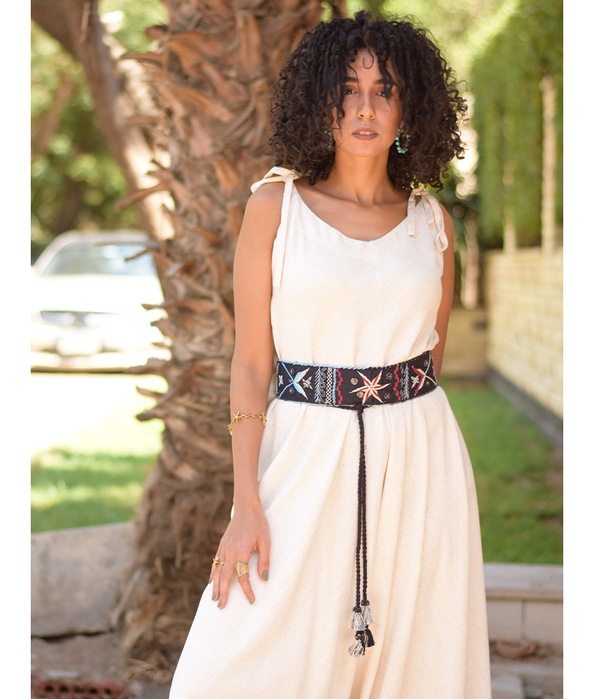 Black Saint Catherine Embroidered Thin Belt handmade in Egypt & available at Jozee Boutique.