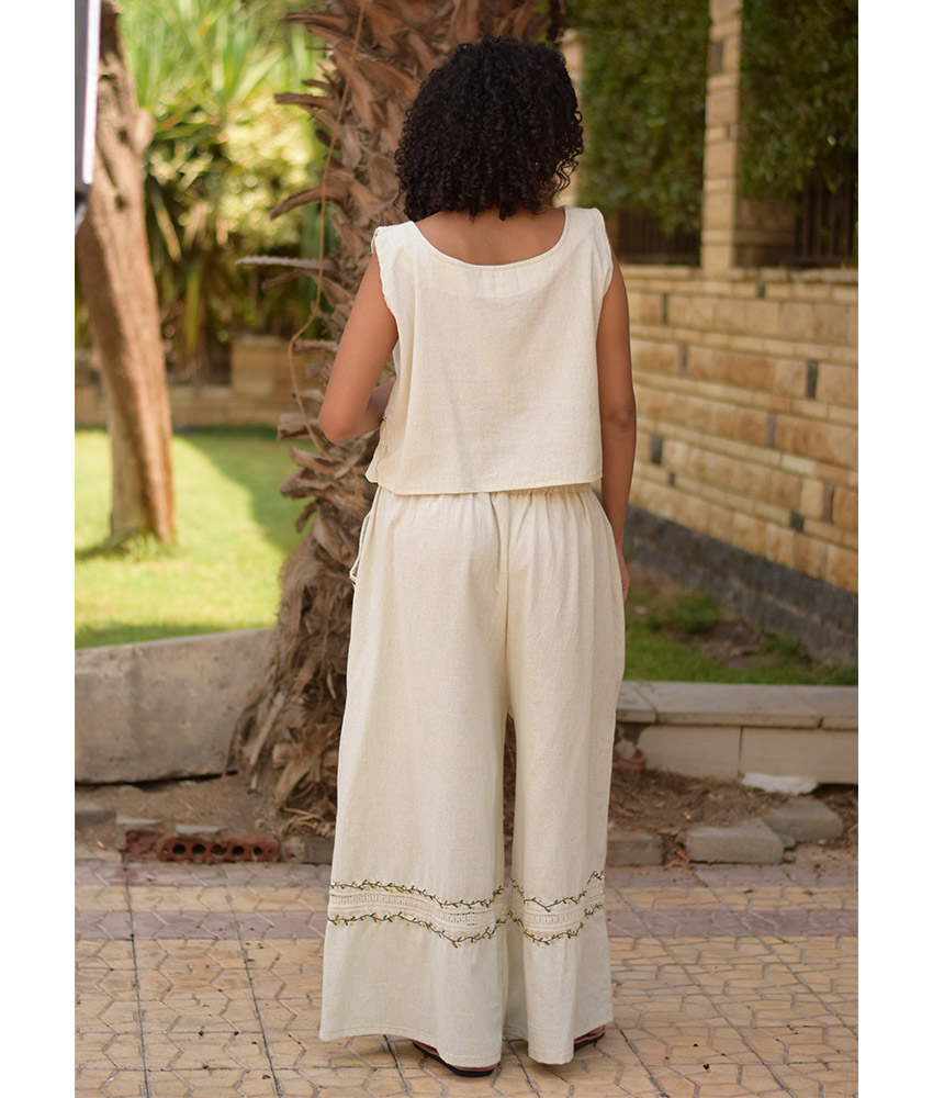 Off White Linen Set with Hand Embroideries handmade in Egypt & available at Jozee Boutique.
