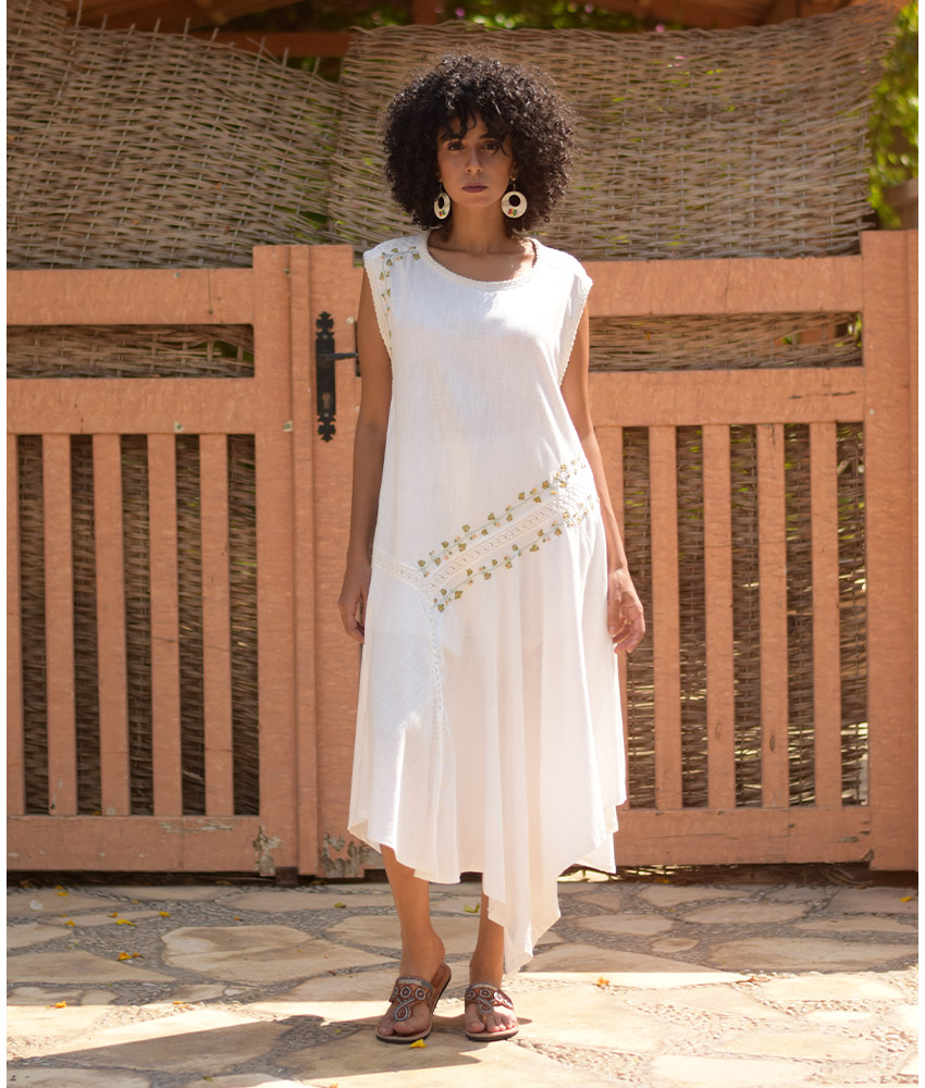 White Linen Dress with Hand Embroideries handmade in Egypt & available in Jozee boutique