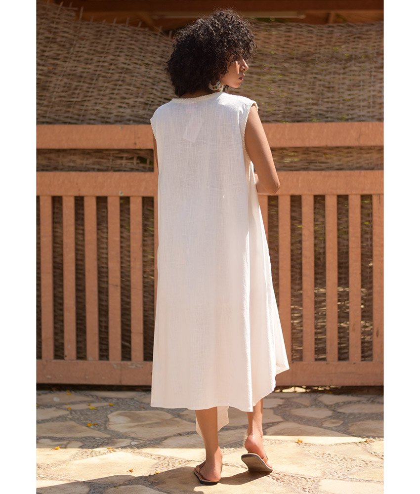 White Linen Dress with Hand Embroideries handmade in Egypt & available in Jozee boutique