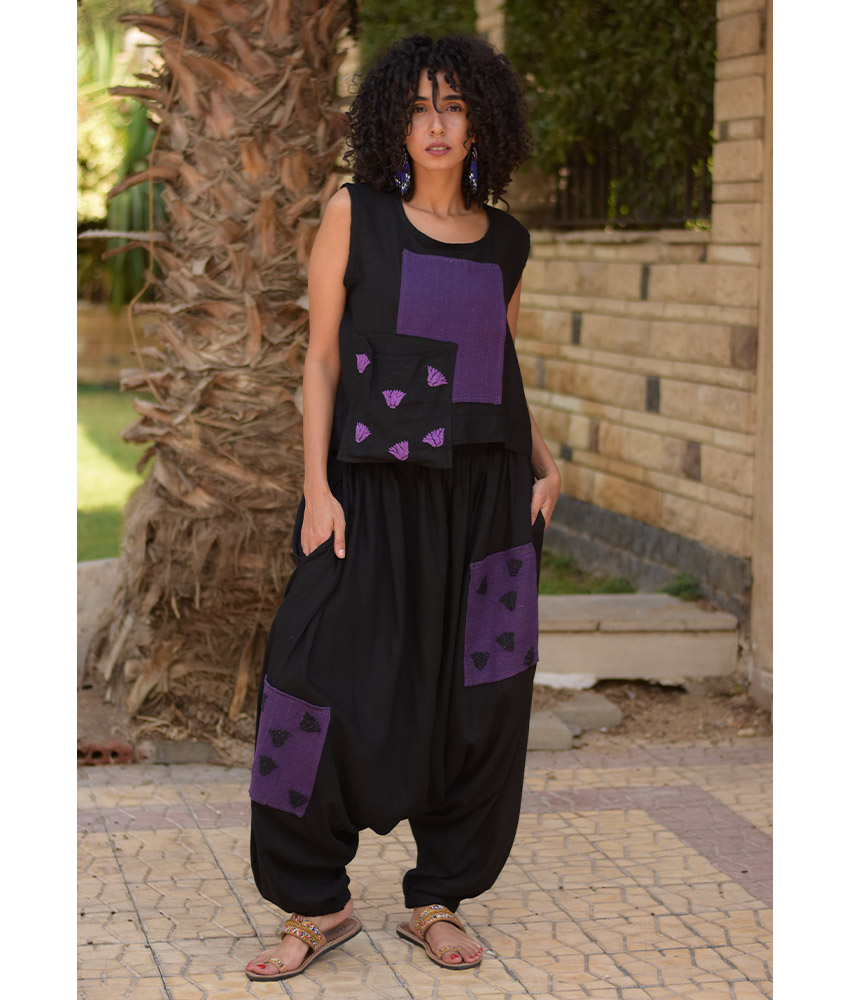 Black Linen Set with Hand Embroideries handmade in Egypt & available at Jozee Boutique.