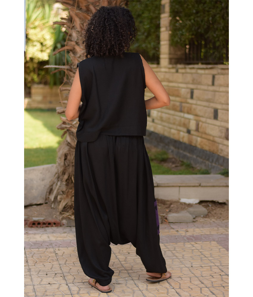 Black Linen Set with Hand Embroideries handmade in Egypt & available at Jozee Boutique.