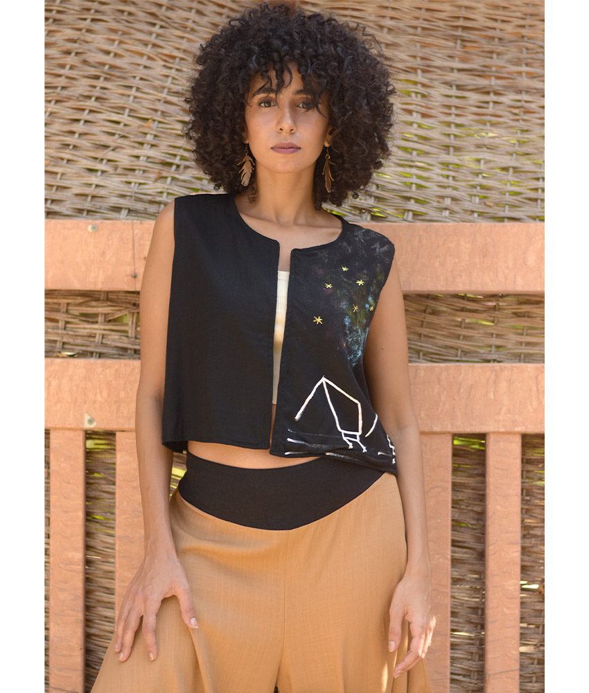 Black Linen Vest with Hand Embroideries handmade in Egypt & available at Jozee Boutique.handmade in Egypt & available at Jozee Boutique.