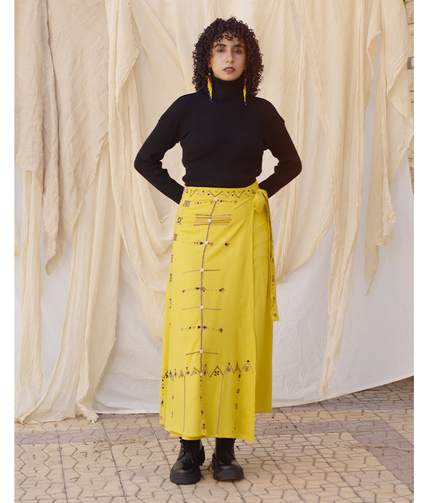 Yellow Siwa Embroidered Linen Wrap Skirt handmade in Egypt & available at Jozee Boutique.