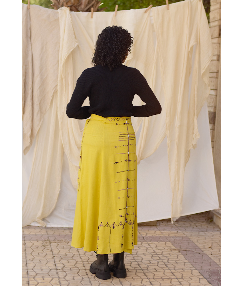 Yellow Siwa Embroidered Linen Wrap Skirt handmade in Egypt & available at Jozee Boutique.