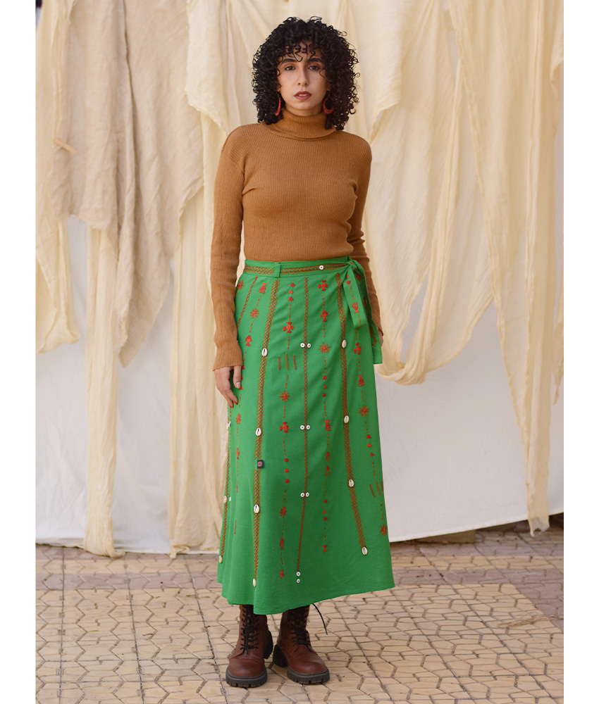Green Siwa Embroidered Linen Wrap Skirt handmade in Egypt & available at Jozee Boutique.