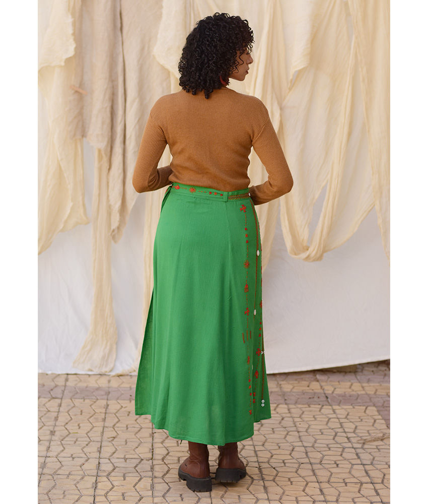 Green Siwa Embroidered Linen Wrap Skirt handmade in Egypt & available at Jozee Boutique.