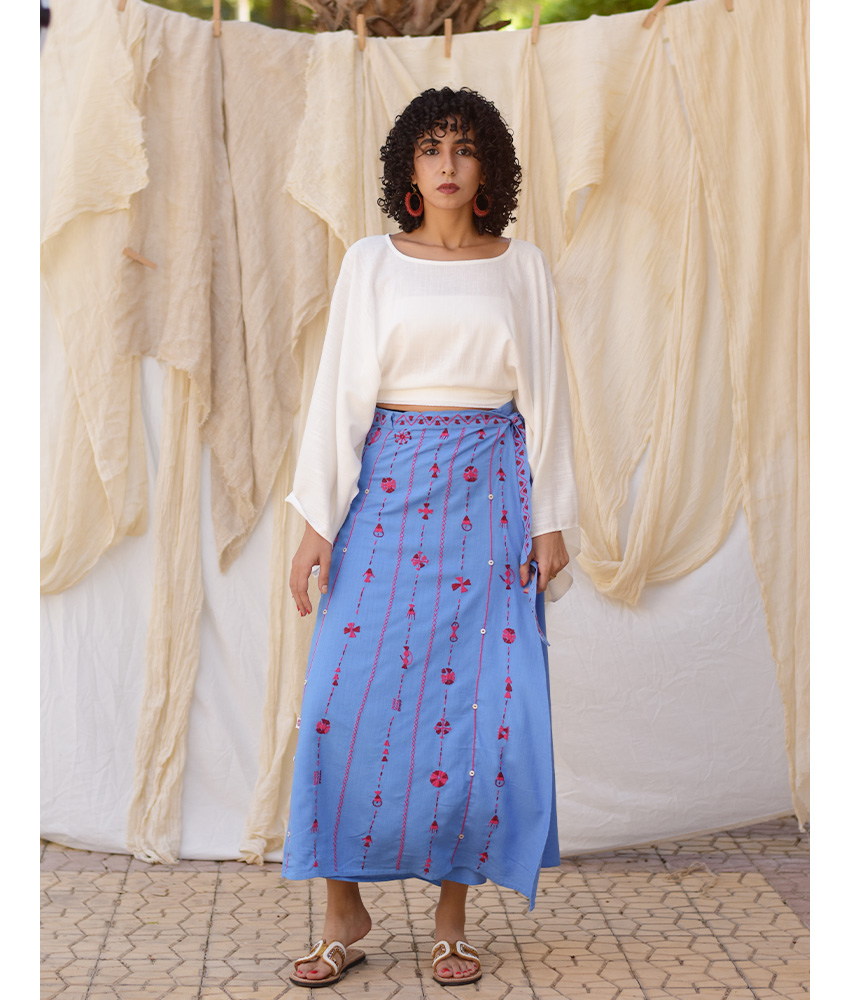 Denim Blue Siwa Embroidered Linen Wrap Skirt handmade in Egypt & available at Jozee Boutique.