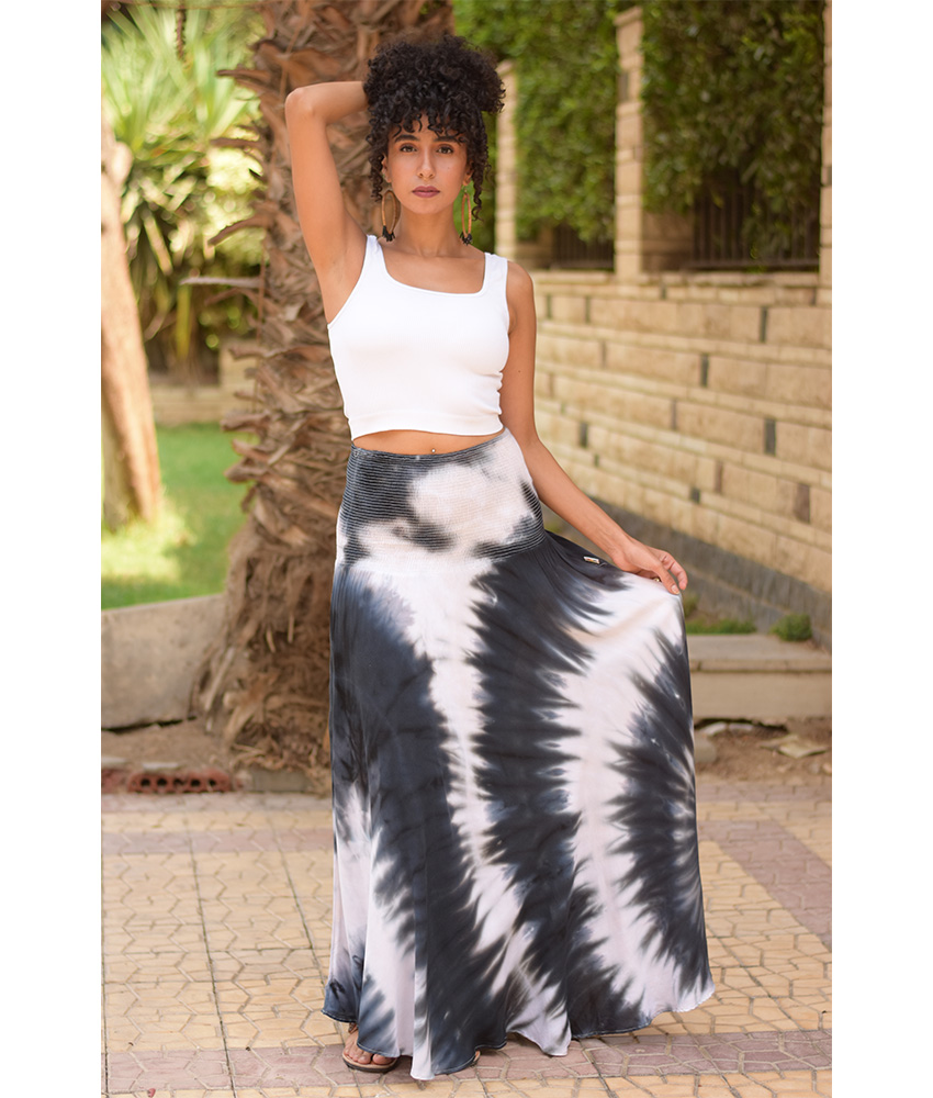 Black & white Tie Dyed Maxi Skirt handmade in Egypt & available at Jozee Boutique.
