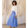 Denim Blue Siwa Embroidered Linen Wrap Skirt handmade in Egypt & available at Jozee Boutique.
