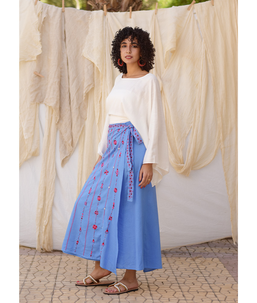 Denim Blue Siwa Embroidered Linen Wrap Skirt handmade in Egypt & available at Jozee Boutique.