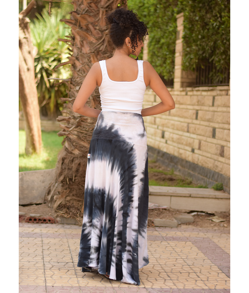 Black & white Tie Dyed Maxi Skirt handmade in Egypt & available at Jozee Boutique.