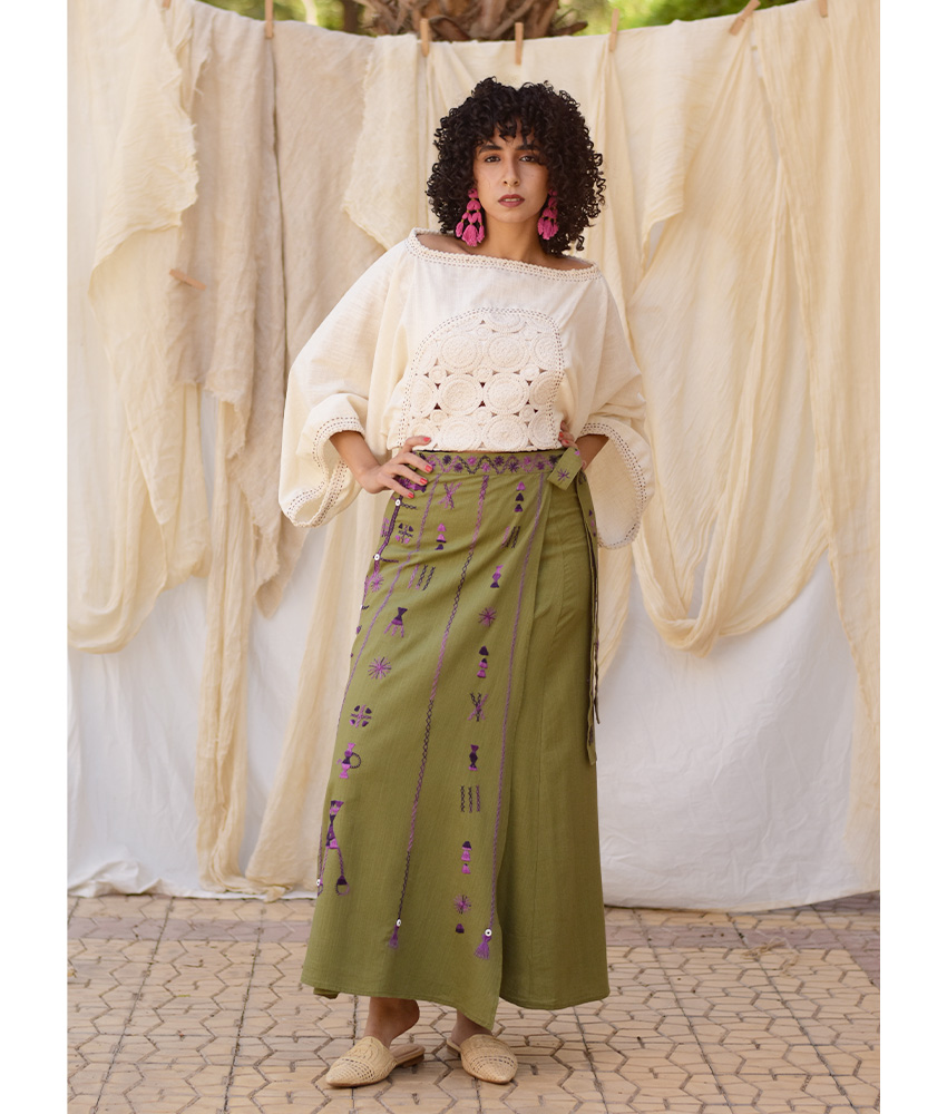 Olive Green Siwa Embroidered Linen Wrap Skirt handmade in Egypt & available at Jozee Boutique.