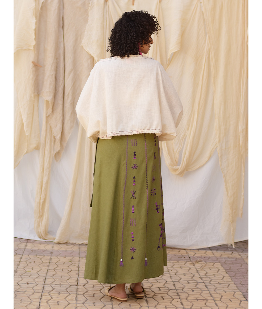 Olive Green Siwa Embroidered Linen Wrap Skirt handmade in Egypt & available at Jozee Boutique.
