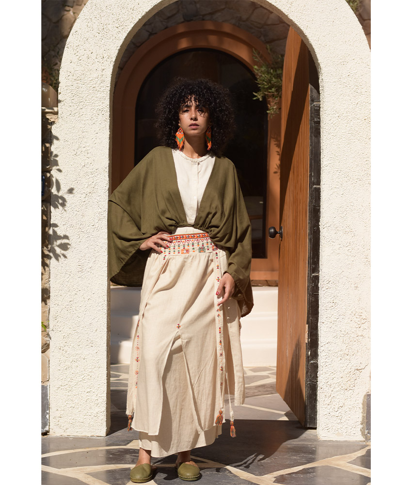 Beige Siwa Embroidered Linen Slices Skirt handmade in Egypt & available in Jozee boutique