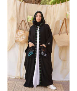 Black Hand Embroidered Linen Cardigan/Abaya with Hoodie handmade in Egypt & available at Jozee Boutique.