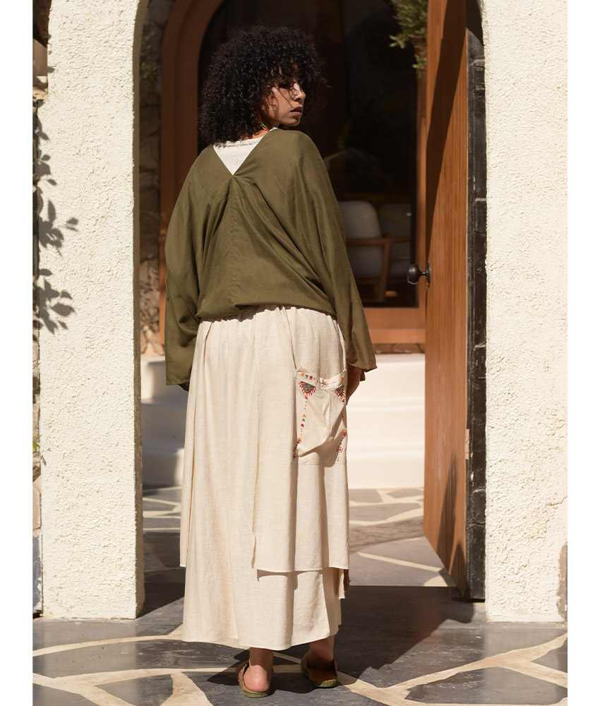 Beige Siwa Embroidered Linen Slices Skirt handmade in Egypt & available in Jozee boutique