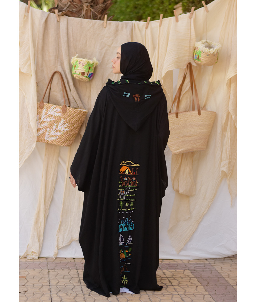 Black Hand Embroidered Linen Cardigan/Abaya with Hoodie handmade in Egypt & available at Jozee Boutique.