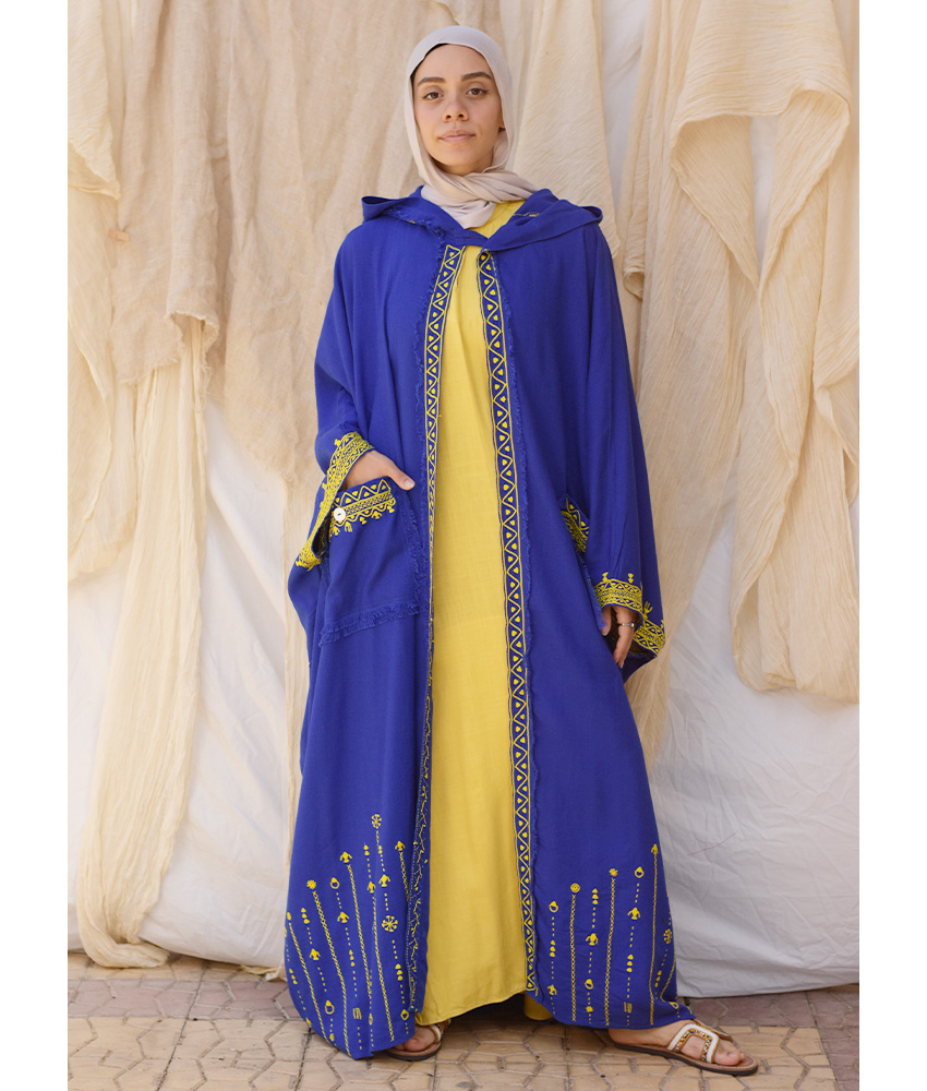 Electric Blue Siwa Embroidered Linen Cardigan/Abaya with Hoodie handmade in Egypt & available at Jozee Boutique.