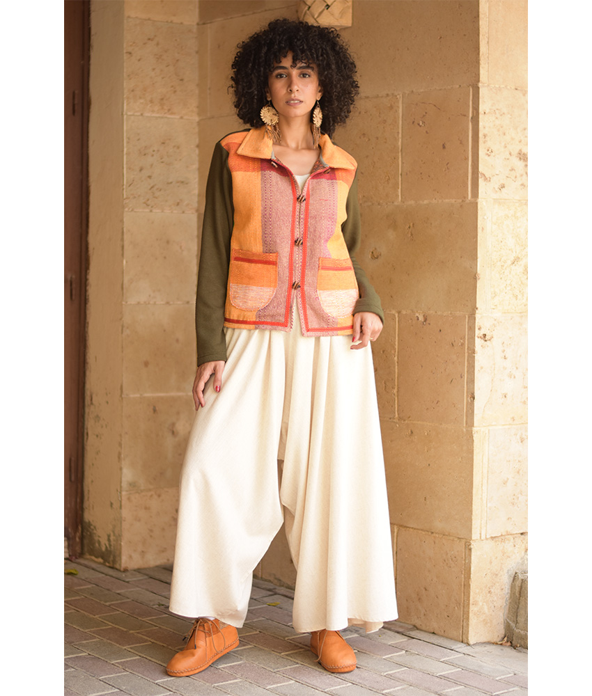 Dark Olive & Orange Cropped Akhmim Loomwoven Jacket handmade in Egypt & available at Jozee Boutique.