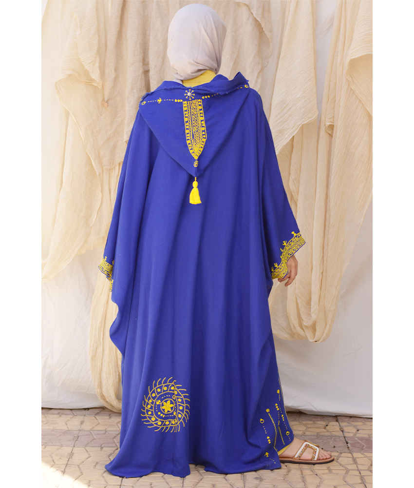 Electric Blue Siwa Embroidered Linen Cardigan/Abaya with Hoodie handmade in Egypt & available at Jozee Boutique.