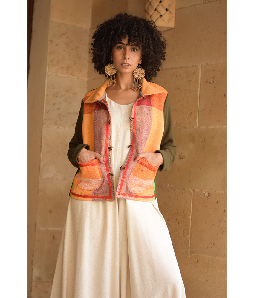 Dark Olive & Orange Cropped Akhmim Loomwoven Jacket handmade in Egypt & available at Jozee Boutique.