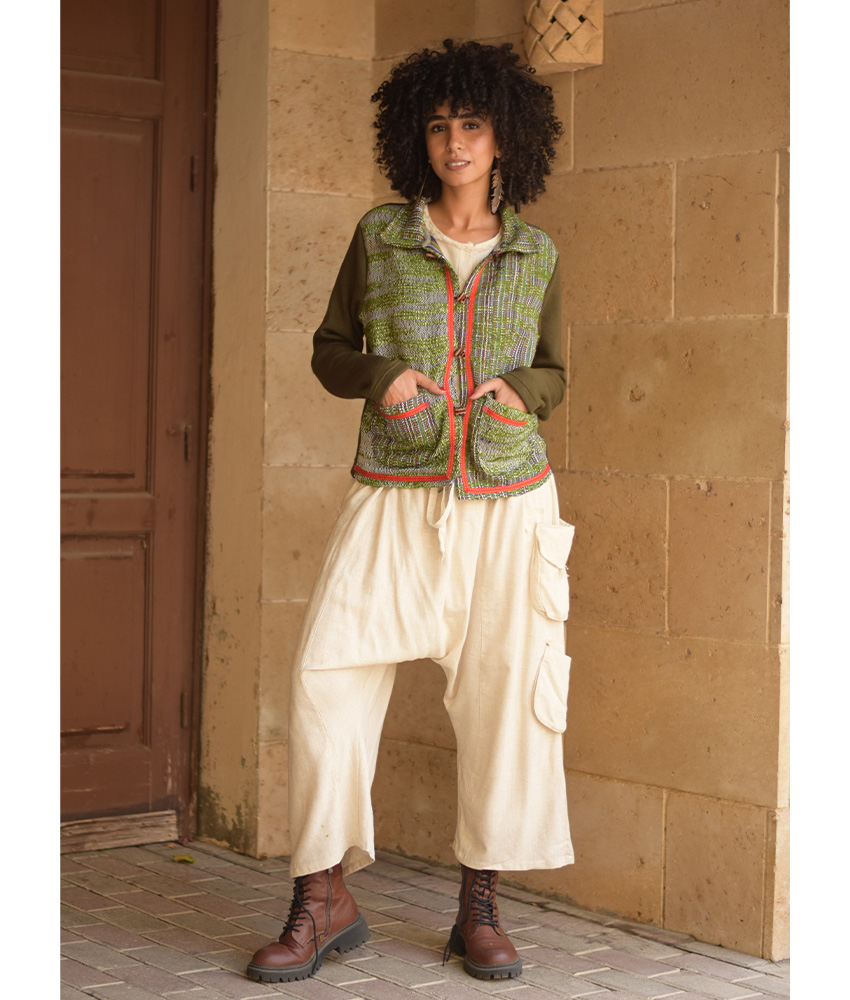 Shades of Green Cropped Akhmim Loomwoven Jacket handmade in Egypt & available at Jozee Boutique.