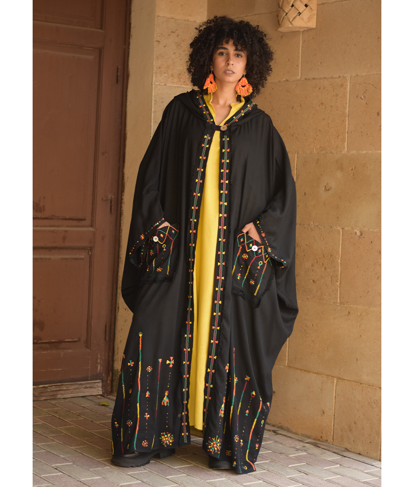 Black Siwa Embroidered Linen Cardigan/Abaya with Hoodie handmade in Egypt & available at Jozee Boutique.