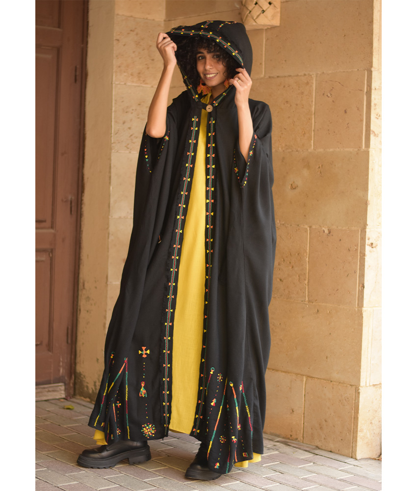 Black Siwa Embroidered Linen Cardigan/Abaya with Hoodie handmade in Egypt & available at Jozee Boutique.