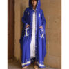 Electric Blue Siwa Embroidered Linen Cardigan/Abaya with Hoodie handmade in Egypt & available at Jozee Boutique.
