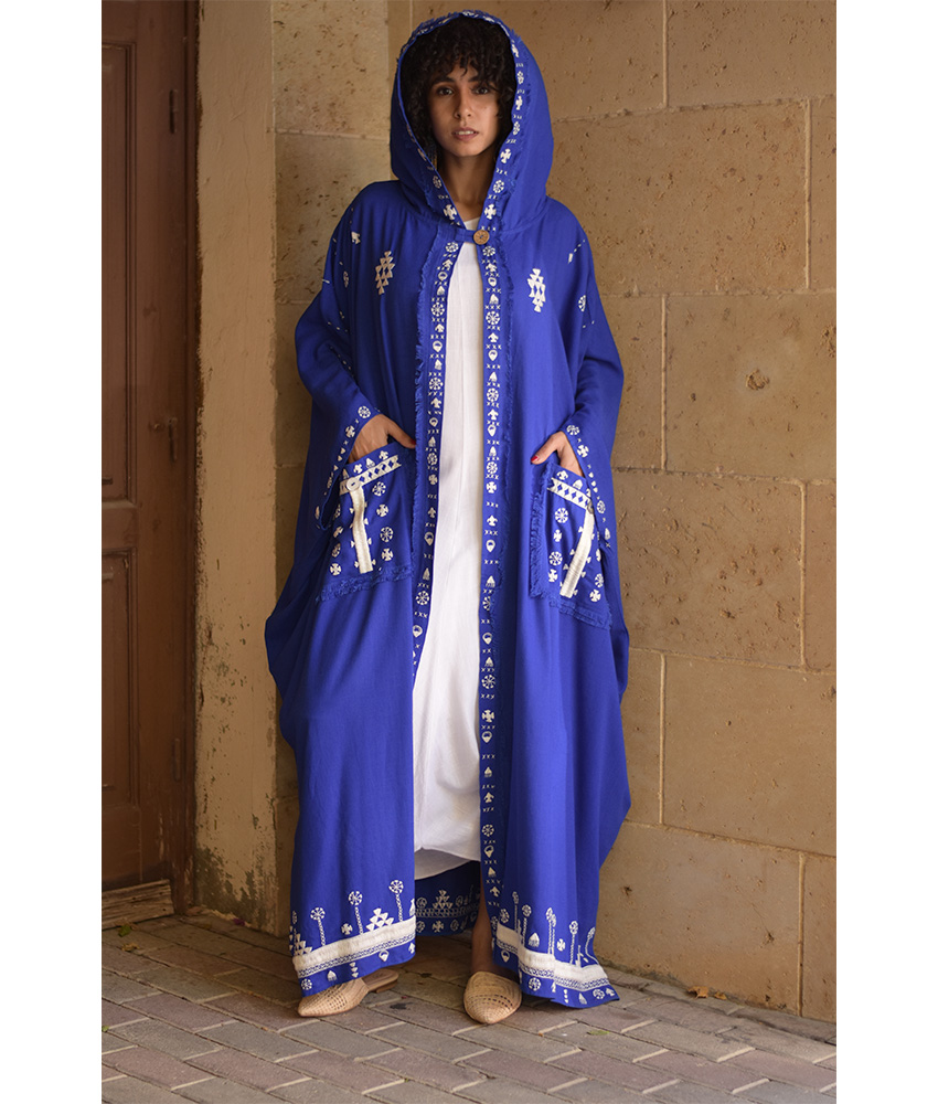 Electric Blue Siwa Embroidered Linen Cardigan/Abaya with Hoodie handmade in Egypt & available at Jozee Boutique.