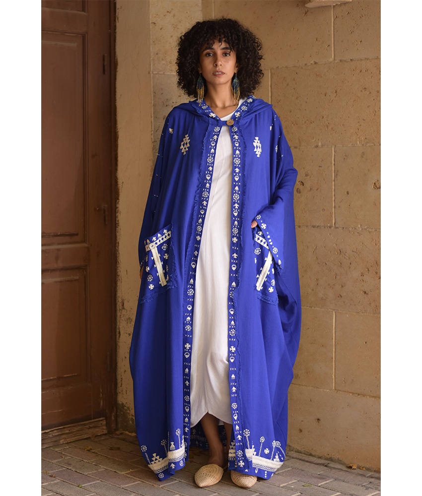 Electric Blue Siwa Embroidered Linen Cardigan/Abaya with Hoodie handmade in Egypt & available at Jozee Boutique.