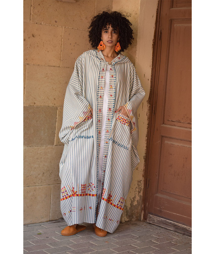 Off White & Blue Stripped Siwa Embroidered Heavy Linen Cardigan with Hoodie handmade in Egypt & available at Jozee Boutique.