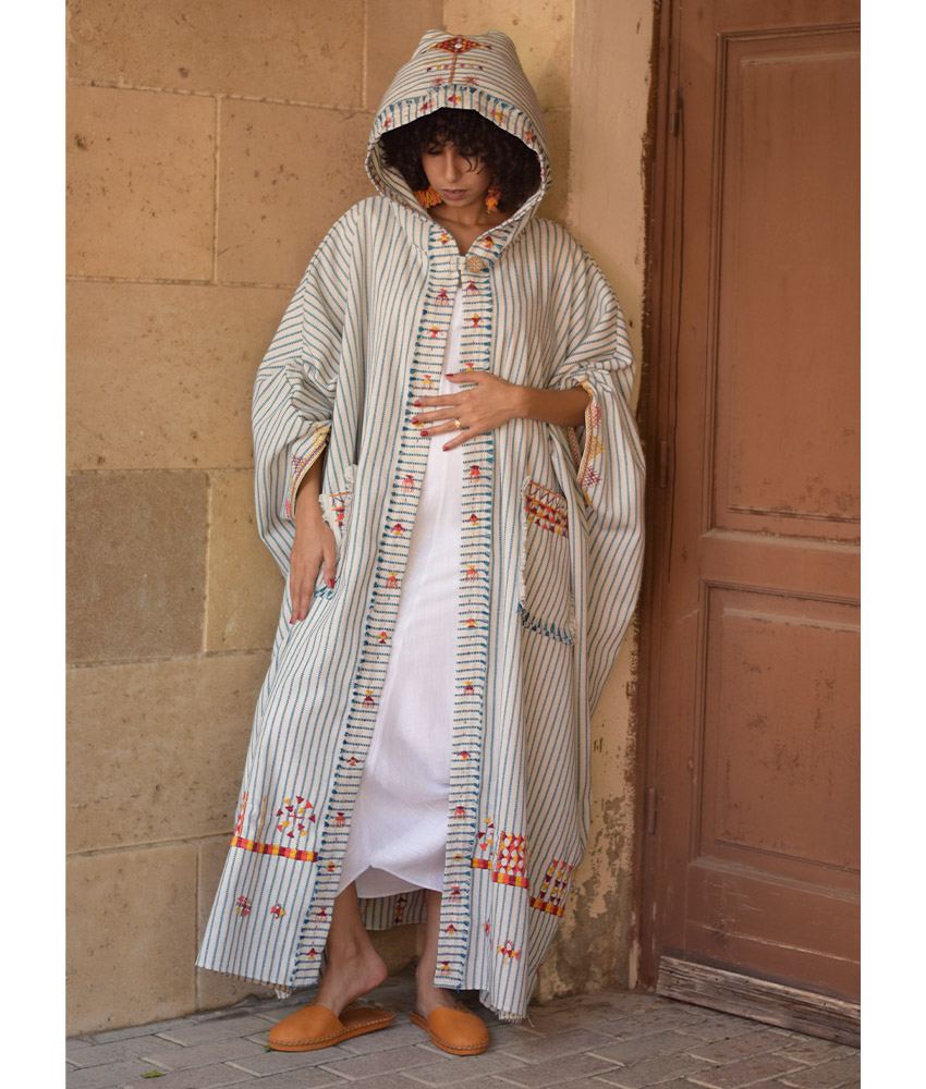 Off White & Blue Stripped Siwa Embroidered Heavy Linen Cardigan with Hoodie handmade in Egypt & available at Jozee Boutique.