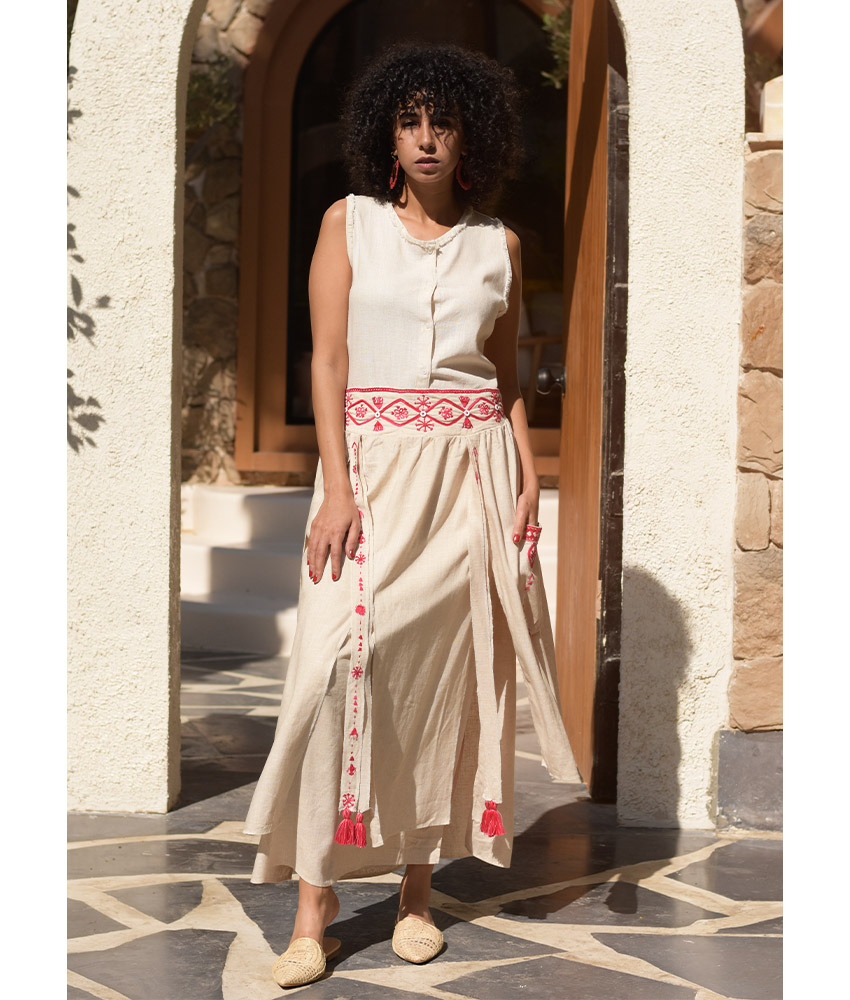 Beige Siwa Embroidered Linen Slices Skirt handmade in Egypt & available in Jozee boutique