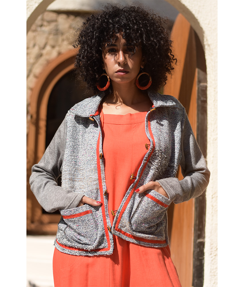 Grey Cropped Akhmim Loomwoven Jacket handmade in Egypt & available at Jozee Boutique.handmade in Egypt & available at Jozee Boutique.