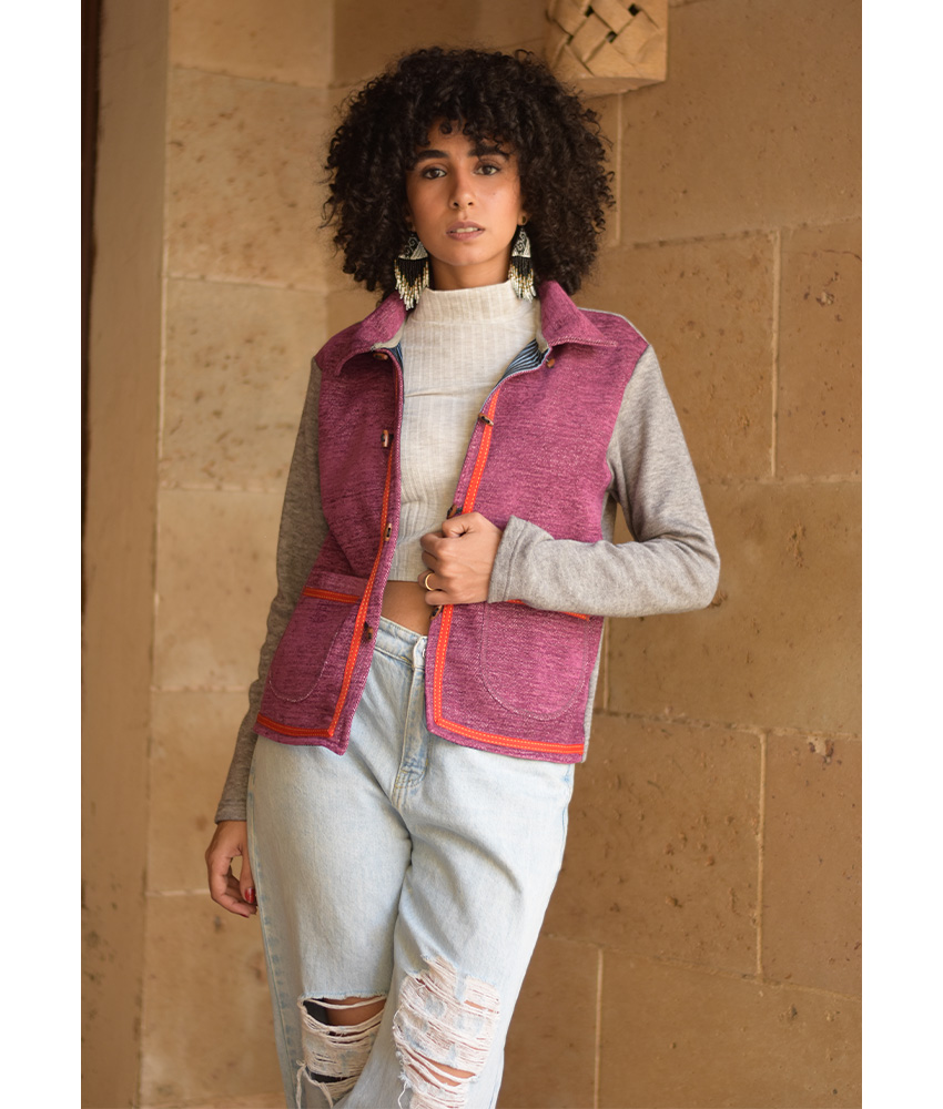 Grey & Fuchsia Cropped Akhmim Loomwoven Jacket handmade in Egypt & available at Jozee Boutique.handmade in Egypt & available at Jozee Boutique.