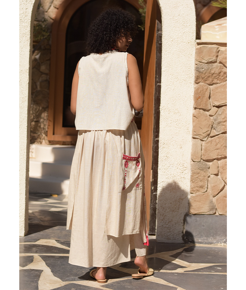 Beige Siwa Embroidered Linen Slices Skirt handmade in Egypt & available in Jozee boutique