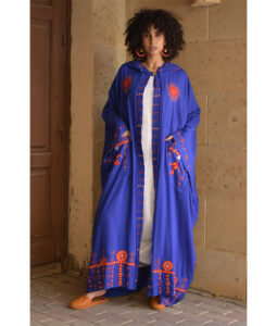 Electric Blue Siwa Embroidered Linen Cardigan/Abaya with Hoodie handmade in Egypt & available at Jozee Boutique.